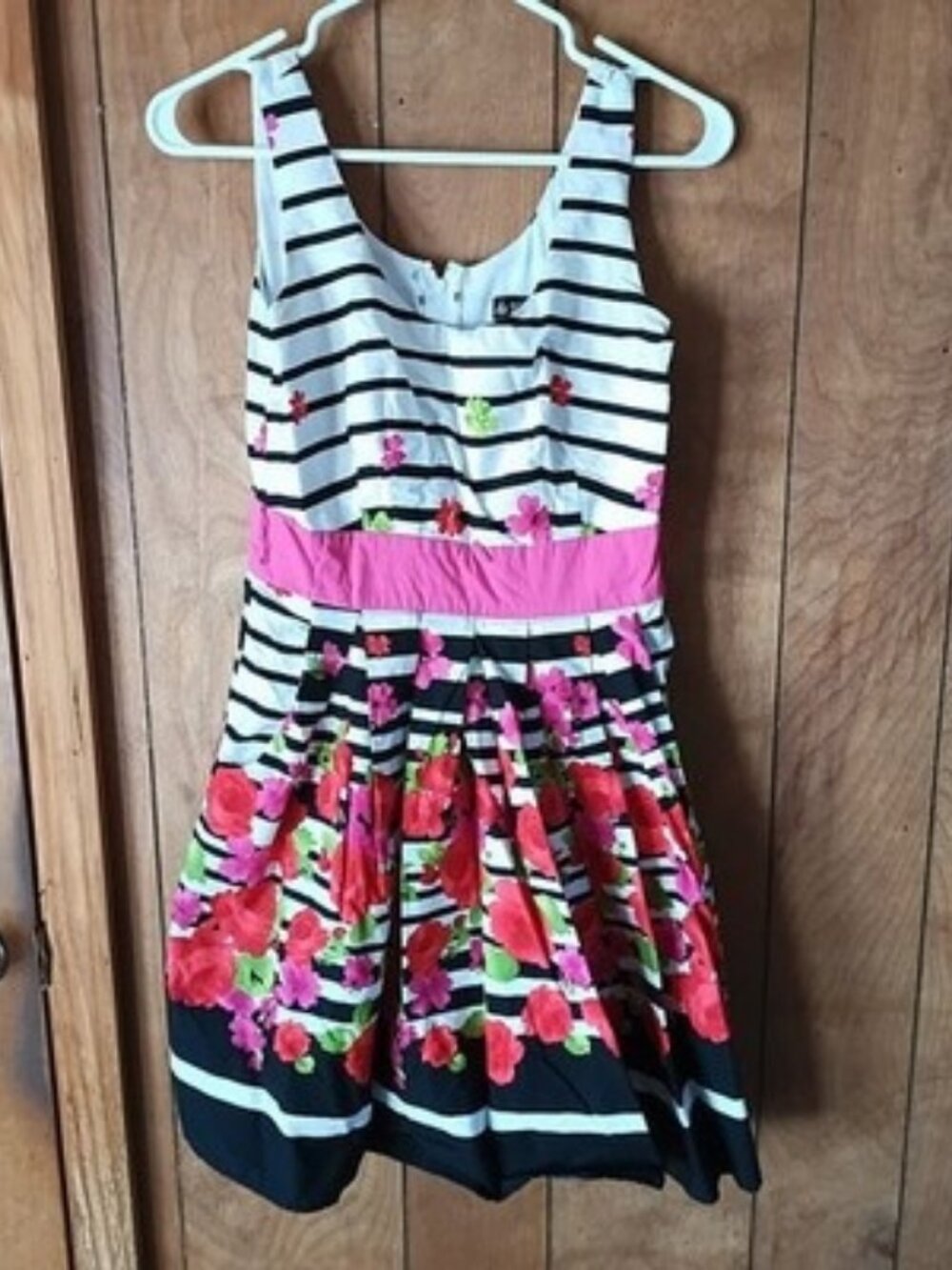 As U Wish Dress Juniors 9 Floral Striped Fit Flare Pink Black Cotton Made USA